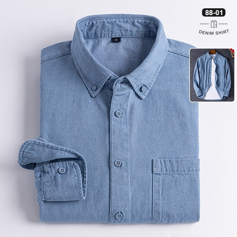 Business Casual Denim Shirt made from organic cotton featuring a classic collar.