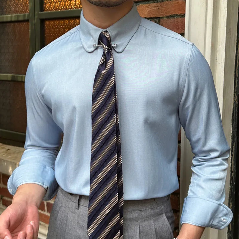 Antonios Blue Shirt in smart casual style, solid pattern, long sleeves, polyester fabric.