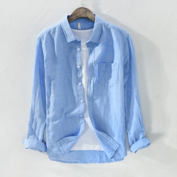 Light blue Antonios solid long-sleeved linen shirt, smart casual style.