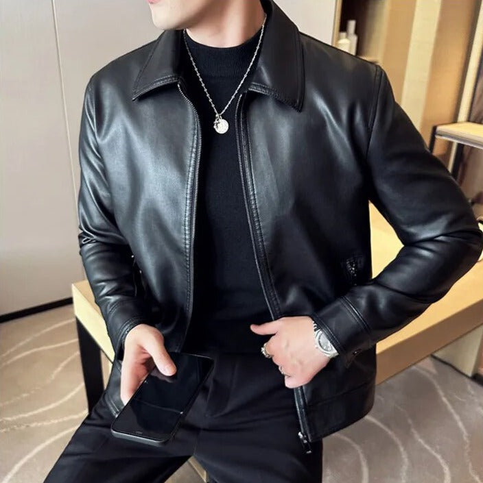 MOTO black leather jacket, eco-leather, men's fashion, casual and elegant style.