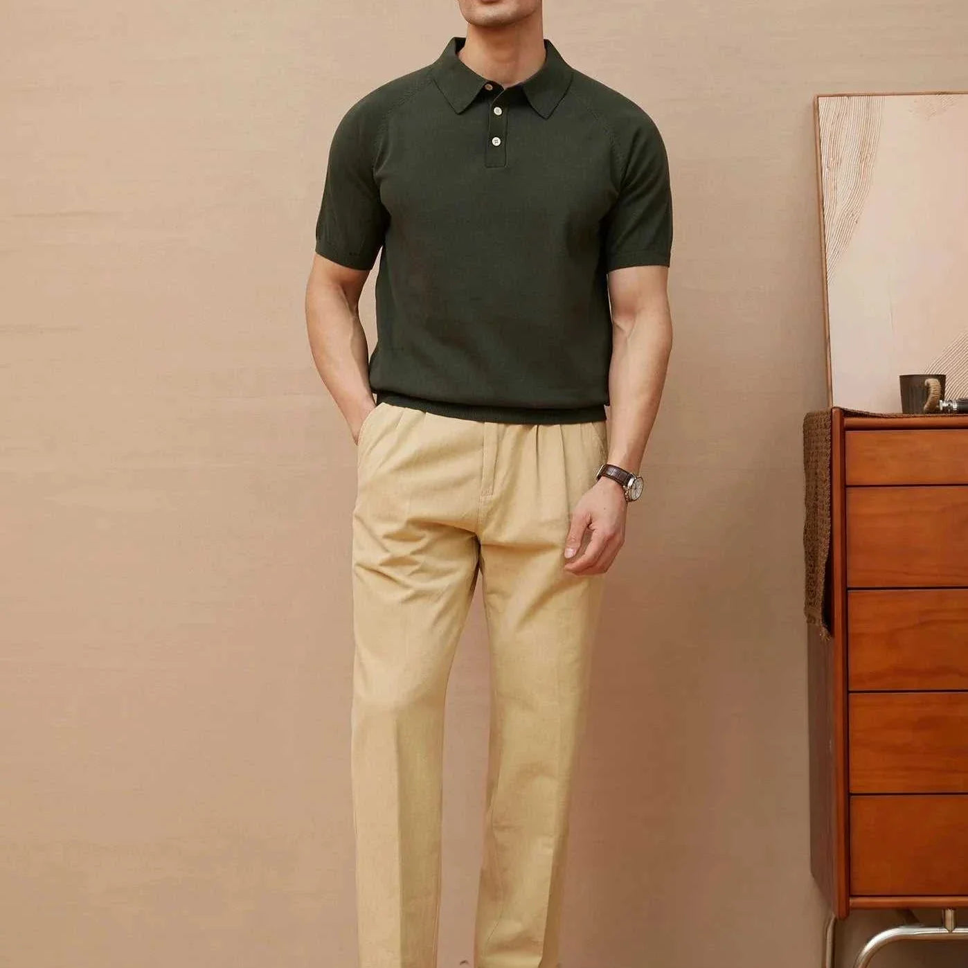 Luxury knitted polo t-shirt in solid green color, perfect for casual and elegant styles.