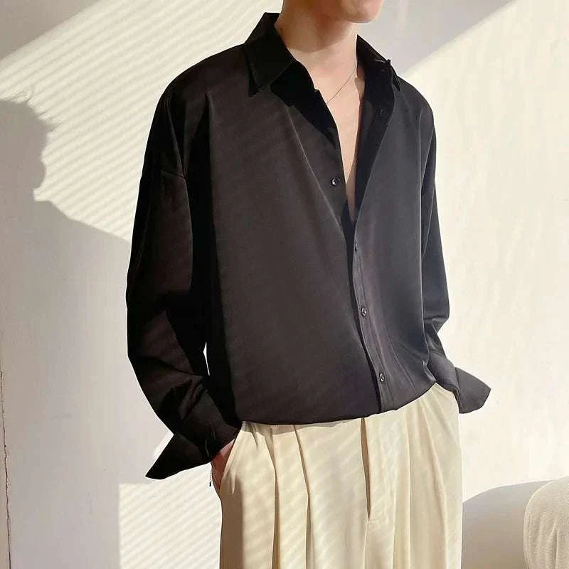 Korean design summer shirt for men, solid black, casual and elegant style, spring/summer.