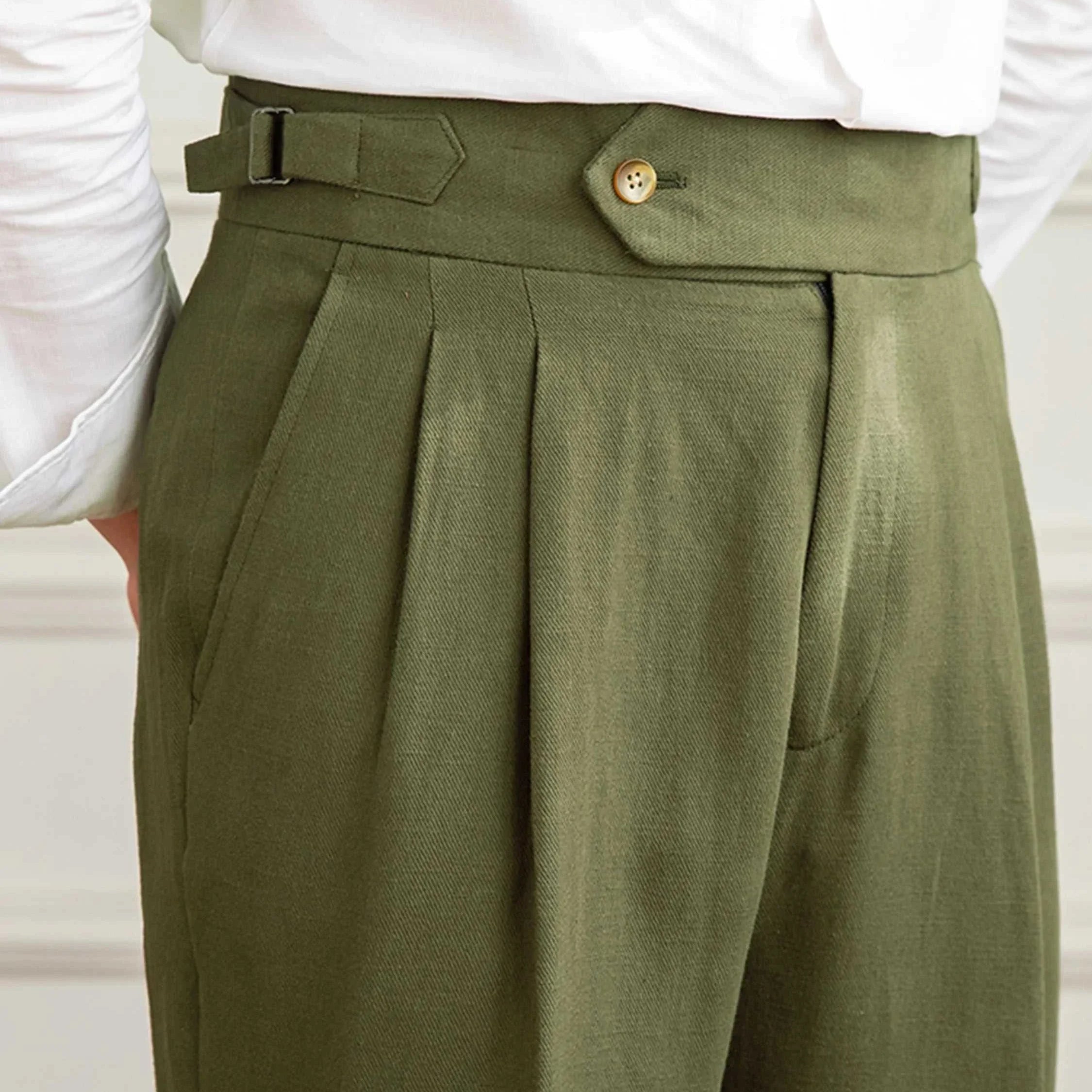 Antonios Naples cotton-linen pants in green, smart casual style, full-length.