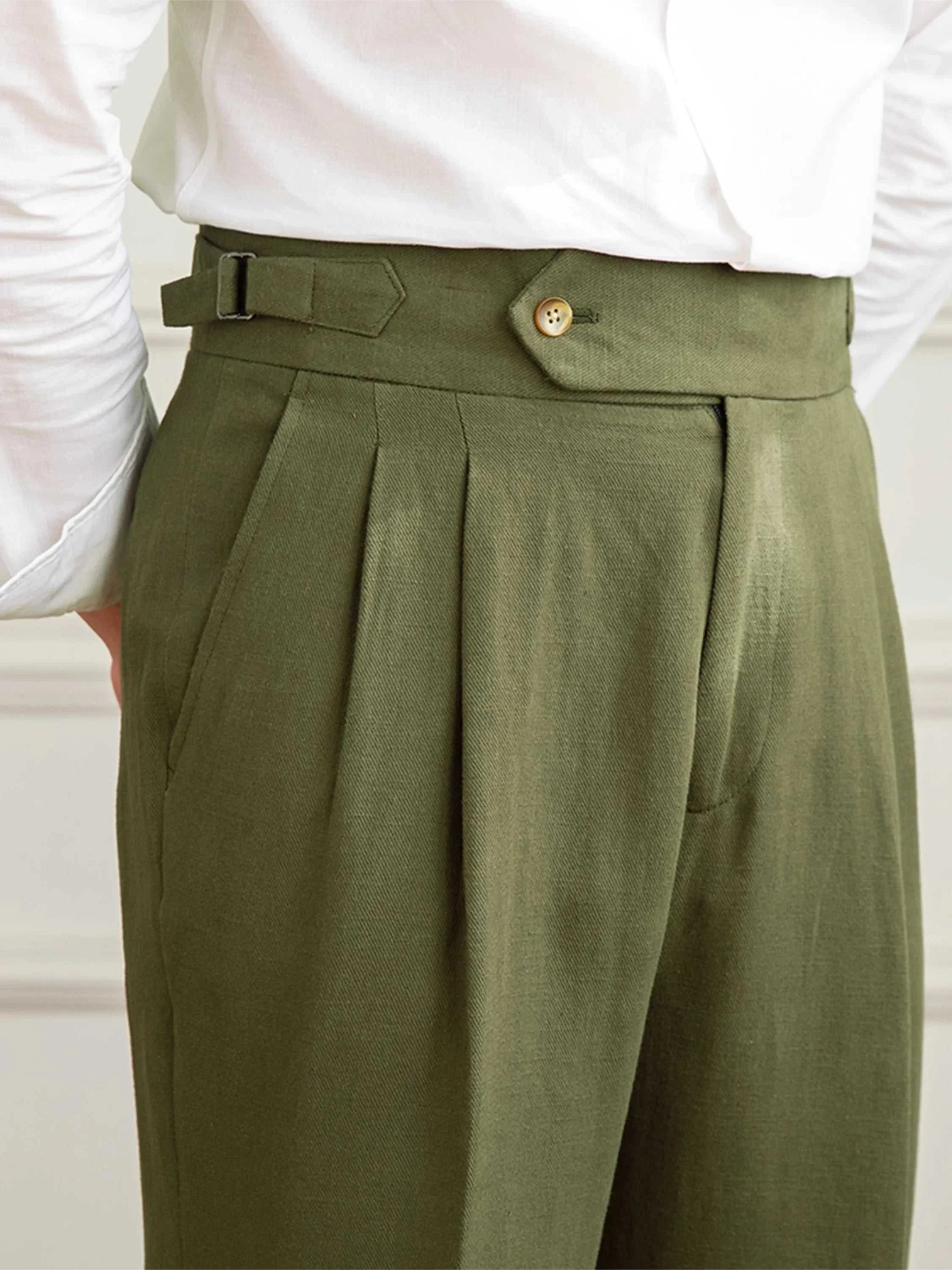 Antonios Naples cotton-linen pants in green, smart casual style, full-length.