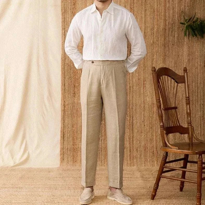 Relaxed fit casual long sleeve linen shirt for men, lightweight and breathable.