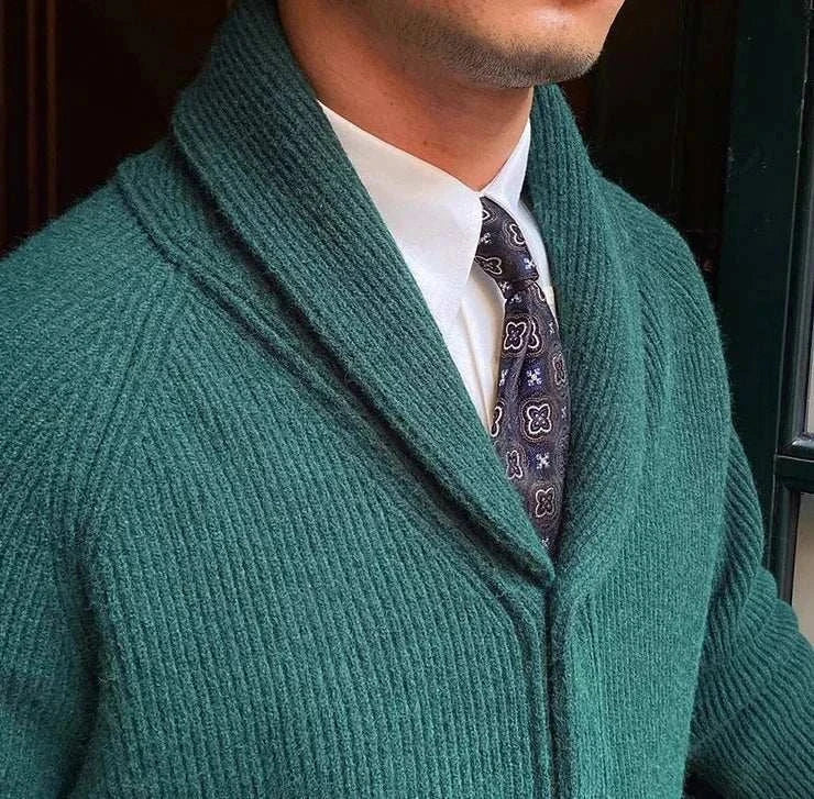 Dark green Oxford premium cardigan for men, casual elegant style.
