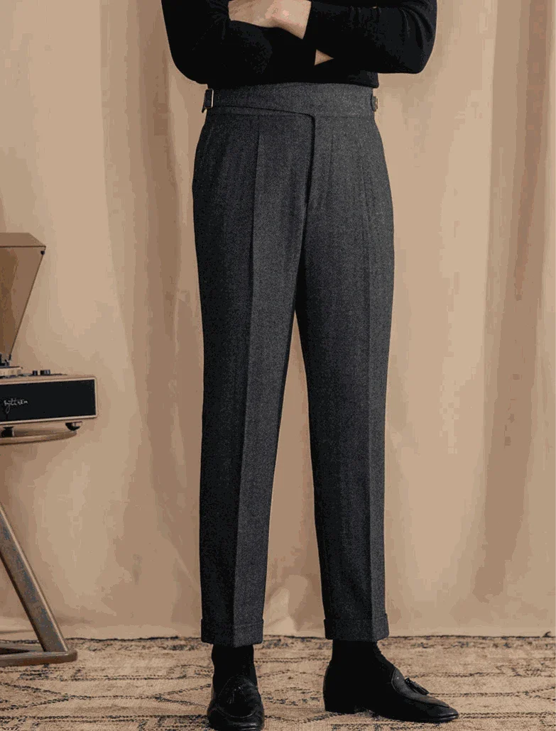 Antonios vintage wool herringbone pants in smart casual style.