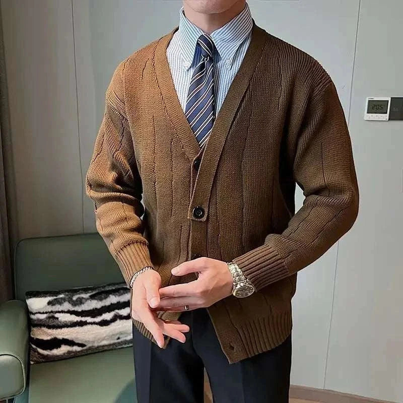Men's retro v-shape winter cardigan, brown, buttoned, polyester material.