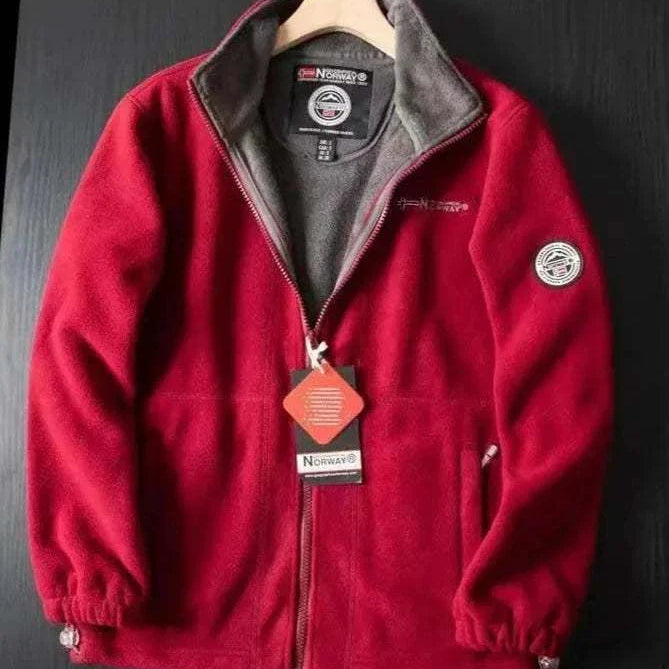 Red Norway puffer jacket for men, stylish and lightweight, made from spandex and polyester.