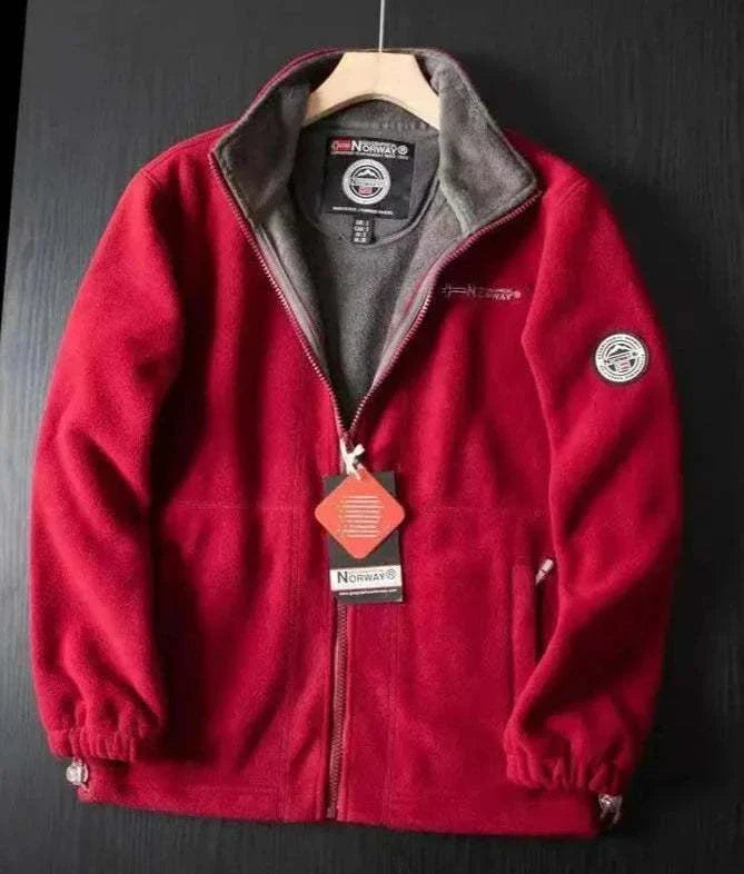 Red Norway puffer jacket for men, stylish and lightweight, made from spandex and polyester.