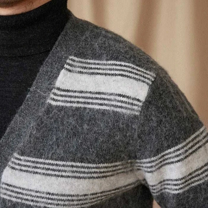 Antonios striped wool v-neck cardigan for men, perfect winter layering.
