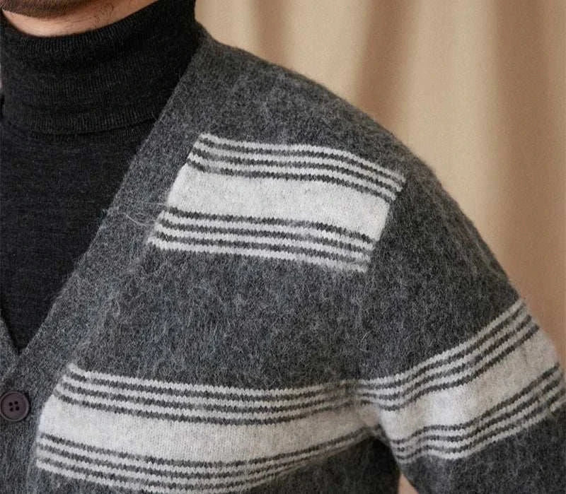 Antonios striped wool v-neck cardigan for men, perfect winter layering.