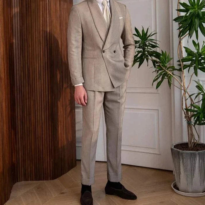 British wedding 2 pieces suit with pants and jacket, stylish beige formal wear.