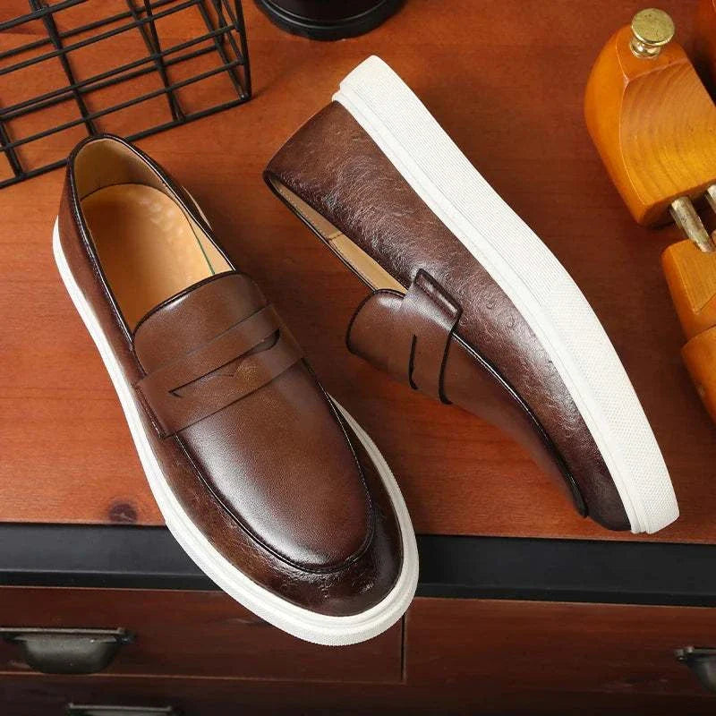 LUXELY slip on loafers in brown, classic design with non-slip rubber outsole for men.