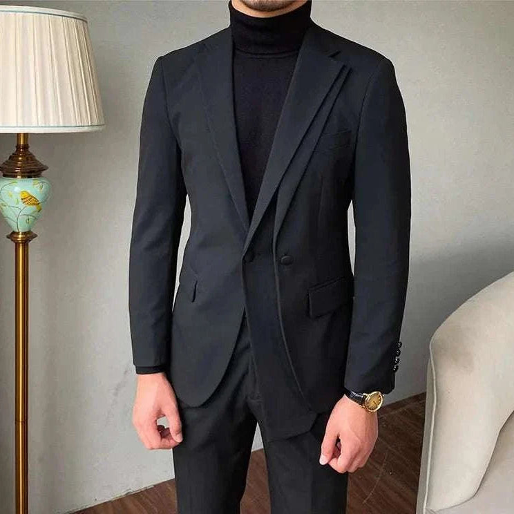 Formal elegant premium 2 piece suit with blazer and pants in black.