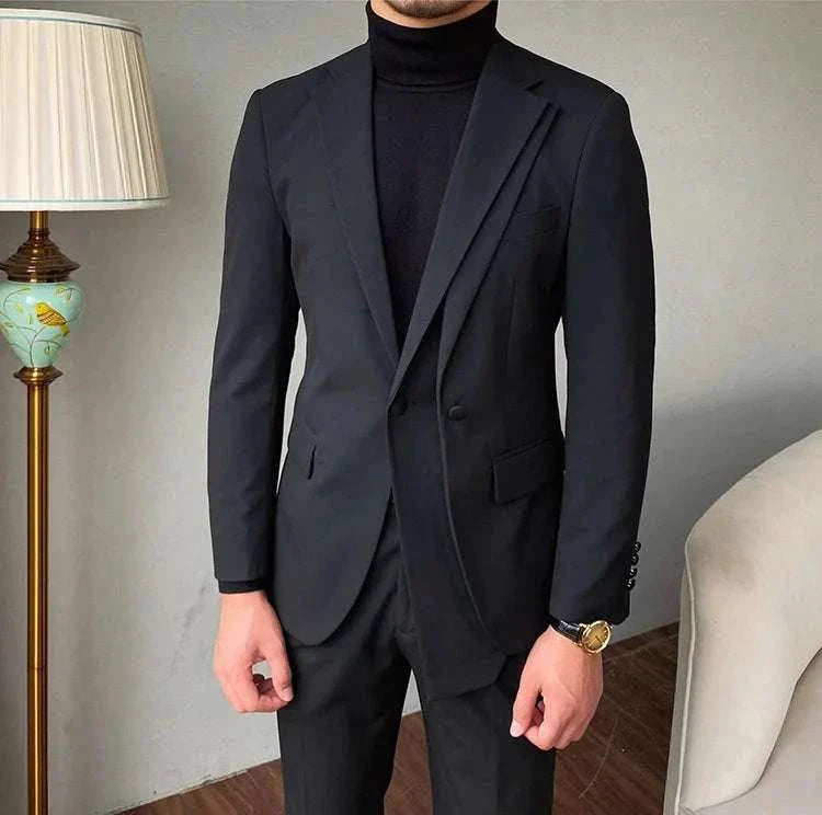Formal elegant premium 2 piece suit with blazer and pants in black.
