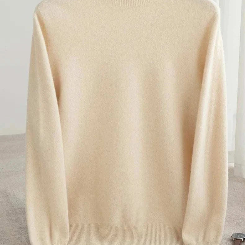Men's wool turtleneck sweater for business attire, cream color.
