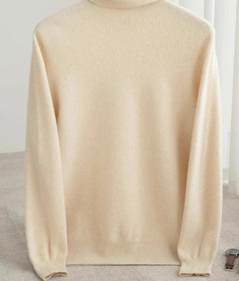 Men's wool turtleneck sweater for business attire, cream color.