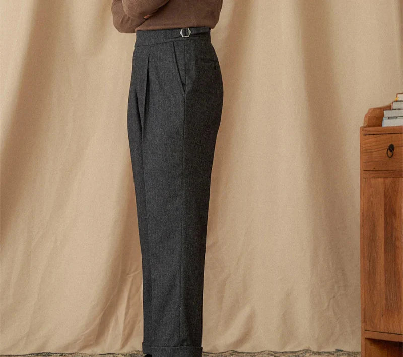 Wool winter Italian trousers, stylish and comfortable, side view.