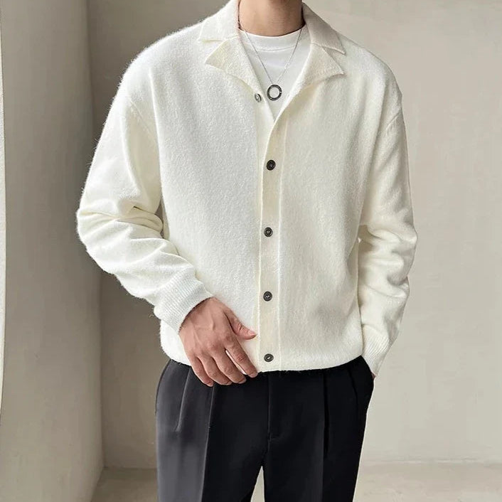 Oxford fall cardigan in white for men, casual and elegant style.
