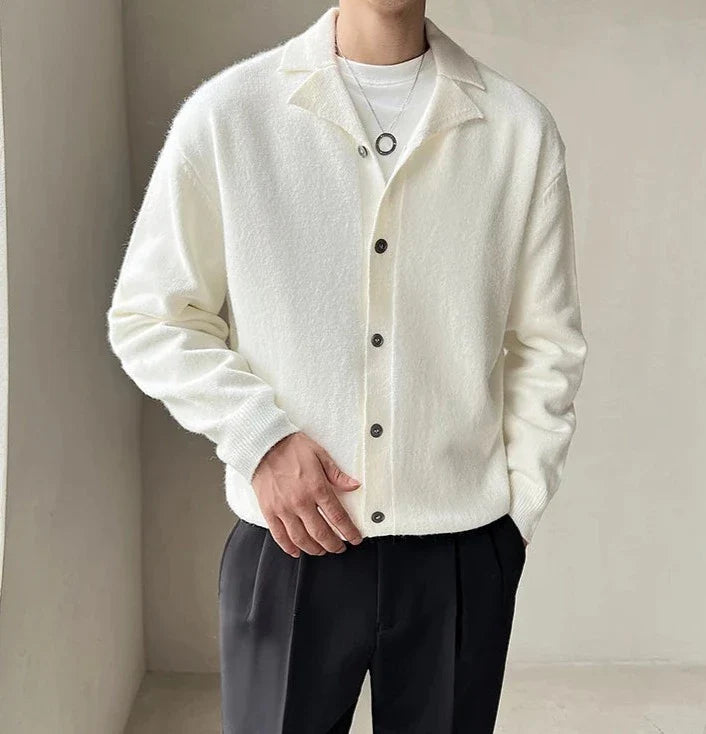 Oxford fall cardigan in white for men, casual and elegant style.