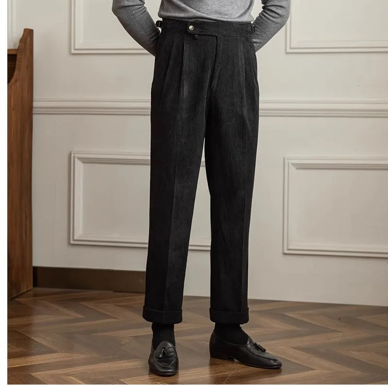 Italian old money vintage pants in black, showcasing a blend of polyester and cotton for style and comfort.