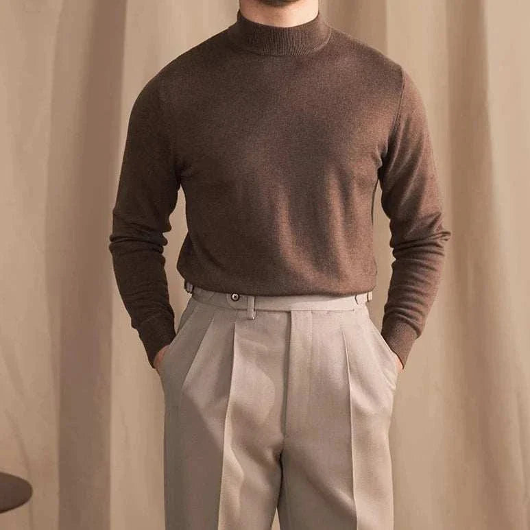 Antonios slim fit half-turtleneck sweater in brown wool worn by a man.