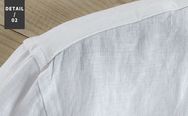 Close-up of the white cotton-linen fabric on the Antonios Long Sleeve Shirt.