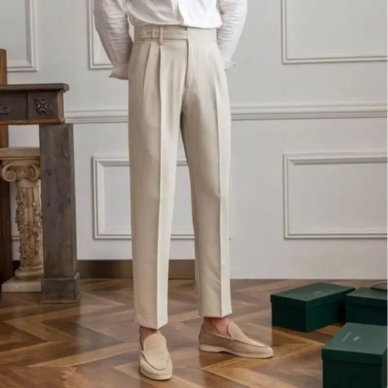 Antonios draped suit pants featuring Korean-inspired elegance in cream, full-length and smart casual style, made of polyester.