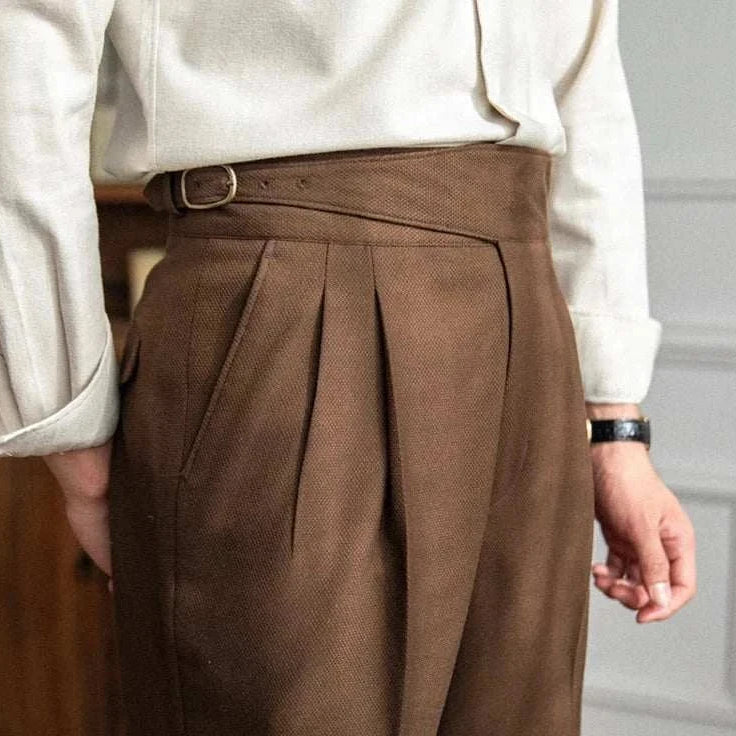 Cold season straight trousers for men, smart casual style, solid pattern, polyester material.