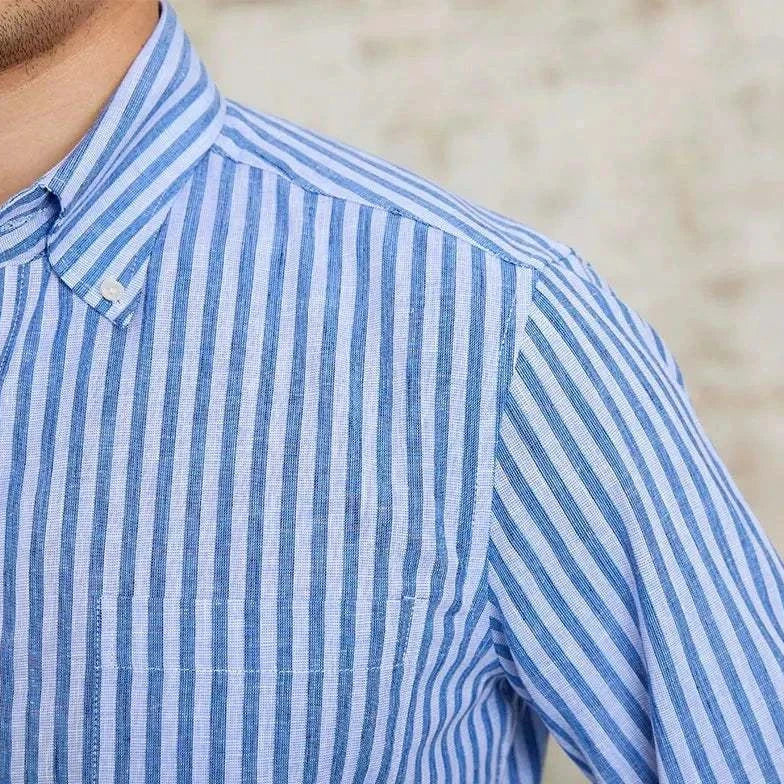 Antonios business striped long-sleeve shirt in blue and white.