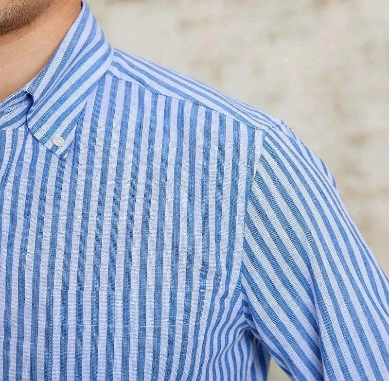 Antonios business striped long-sleeve shirt in blue and white.