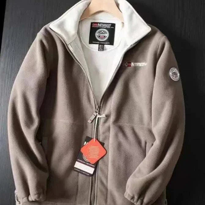 Norway puffer jacket for men in khaki on a hanger with zipper detail.