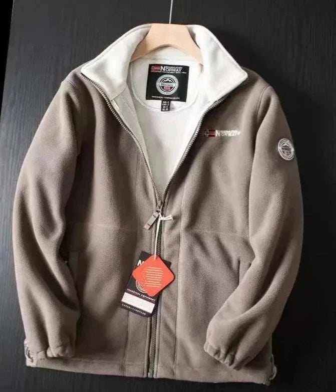Norway puffer jacket for men in khaki on a hanger with zipper detail.