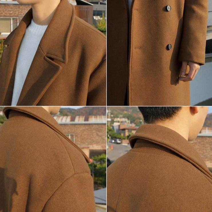 Woolen Korean long coat in brown; cotton and polyester blend; ideal for autumn and winter.