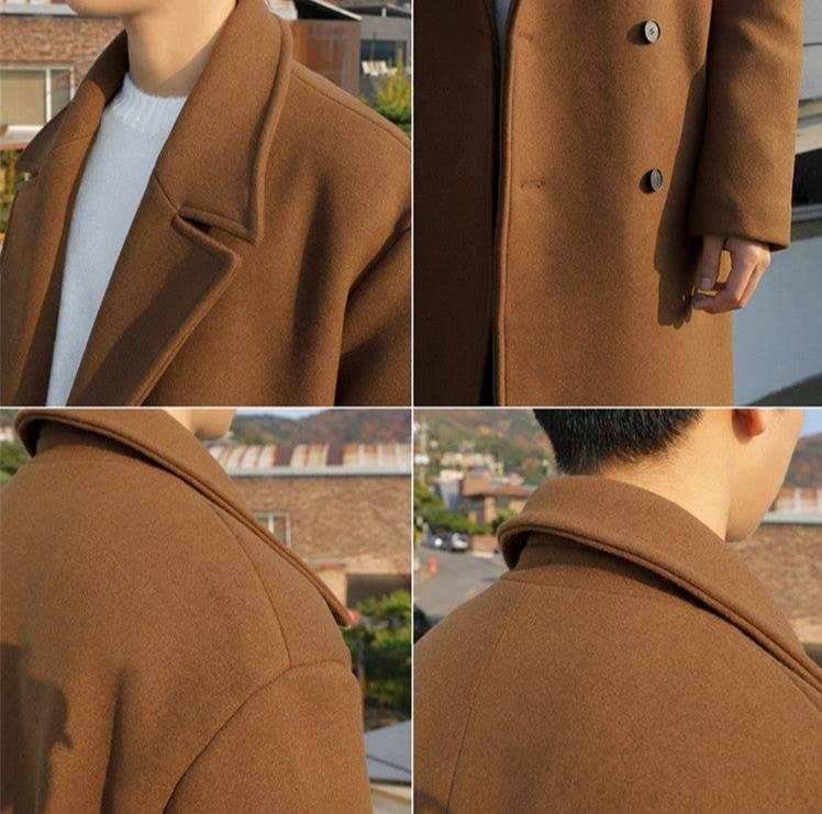 Woolen Korean long coat in brown; cotton and polyester blend; ideal for autumn and winter.
