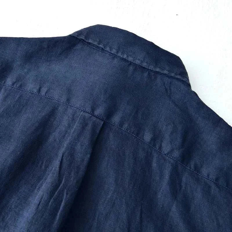 Italian pure linen long-sleeve shirt, solid pattern, navy color, comfortable spring/summer wear.