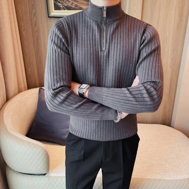 Men's PLUS zipper sweater in solid grey, casual elegant style, comfortable polyester wool blend.