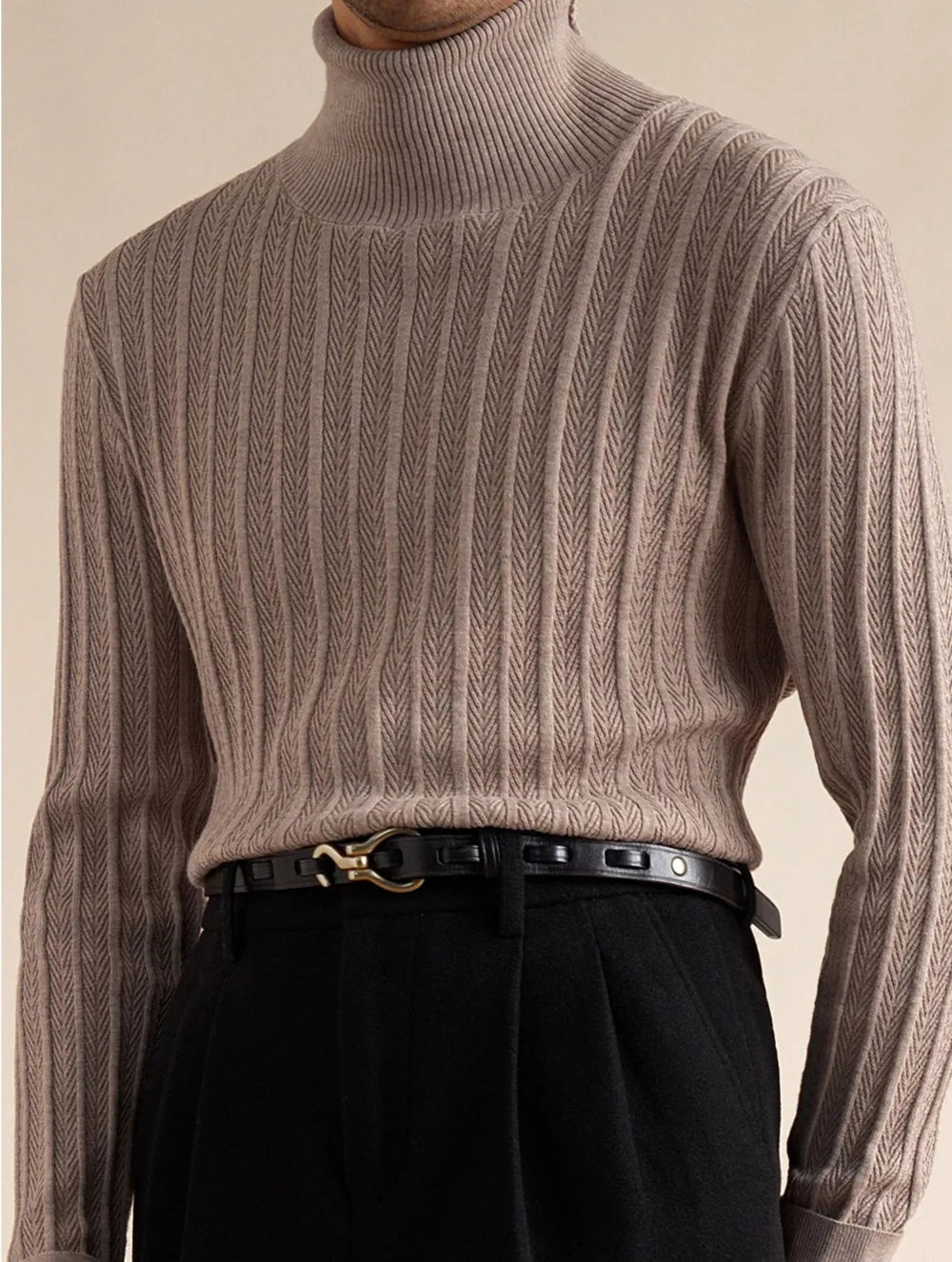 Luxury wool mock neck pullover for men, soft and stylish design.