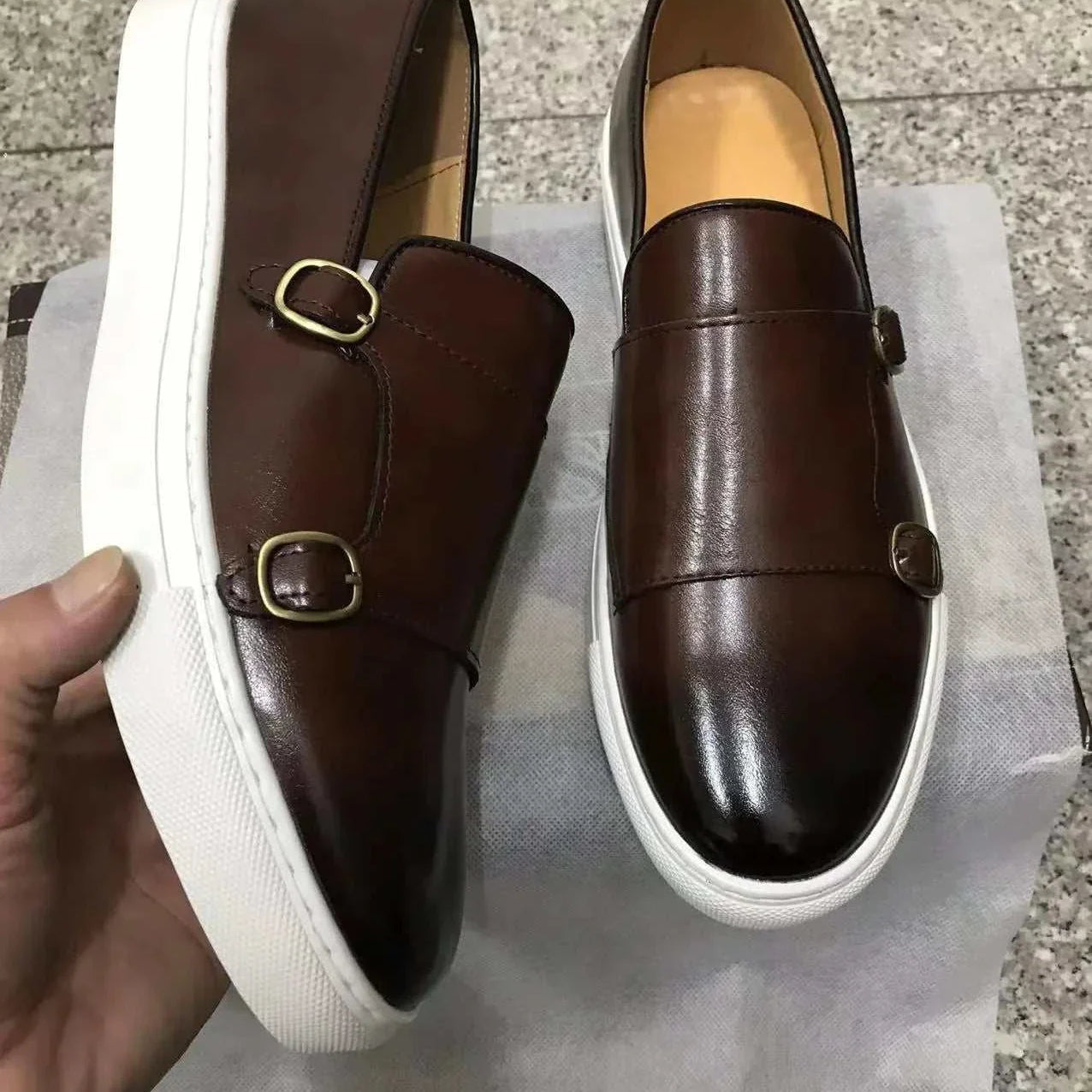 LUXELY lazy loafers brown leather shoes for men with white soles.