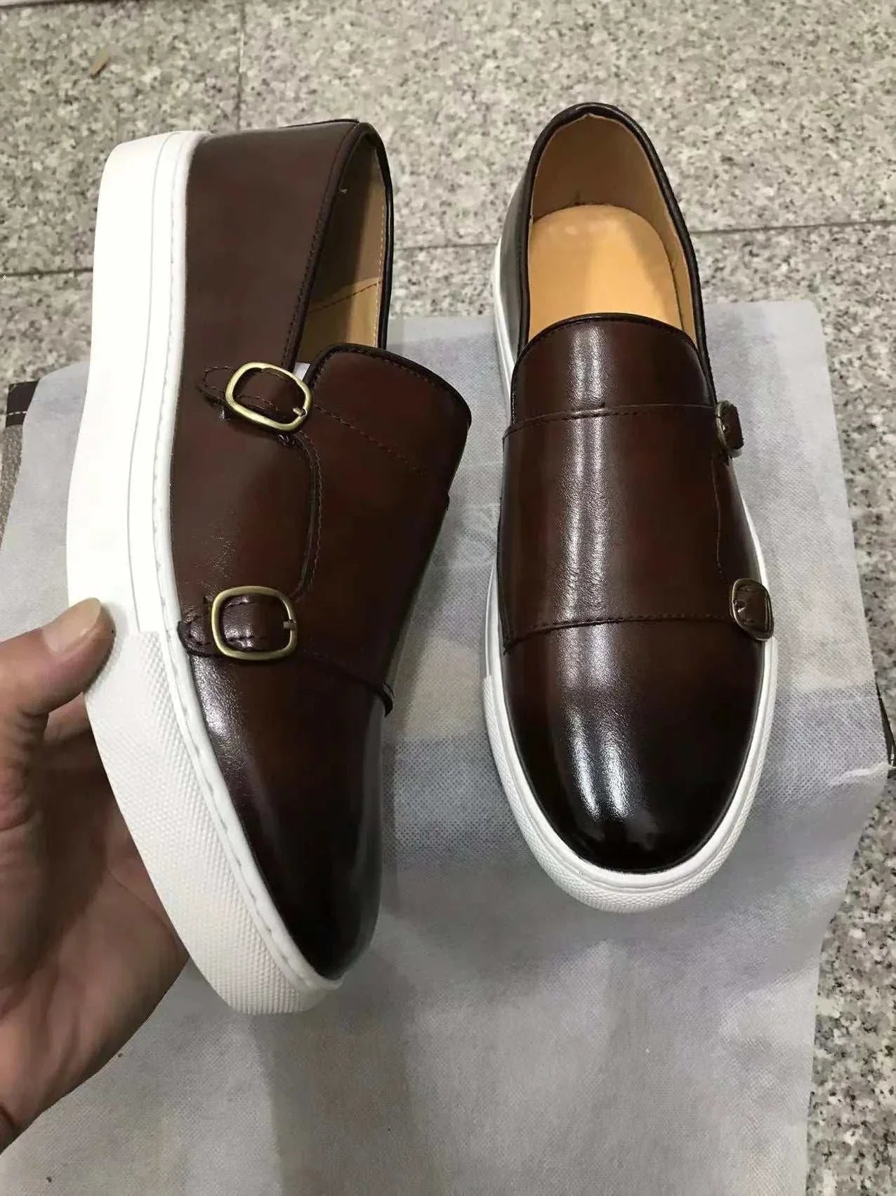 LUXELY lazy loafers brown leather shoes for men with white soles.