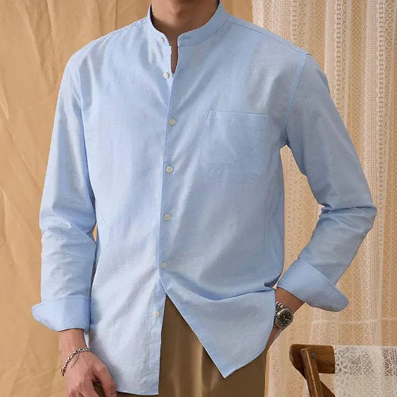 Antonios cotton-linen long sleeve shirt in blue, breathable and stylish for men.
