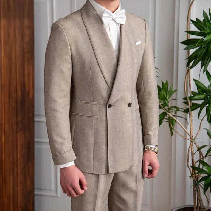 British wedding 2 pieces suit with pants and jacket in beige, polyester fabric, formal wear.