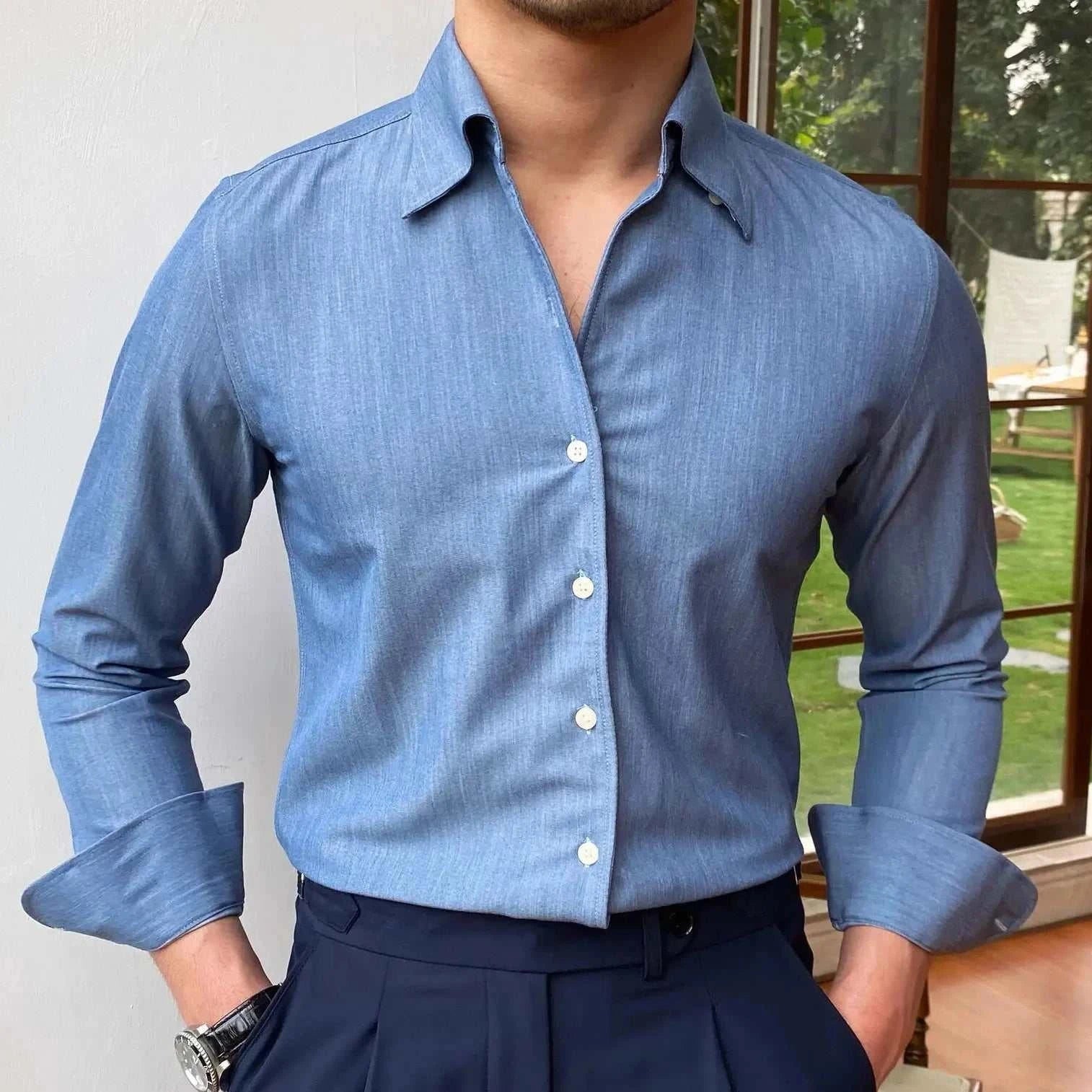 Antonios British casual shirt, blue solid, classic collar, men's fashion, elegant and casual style.