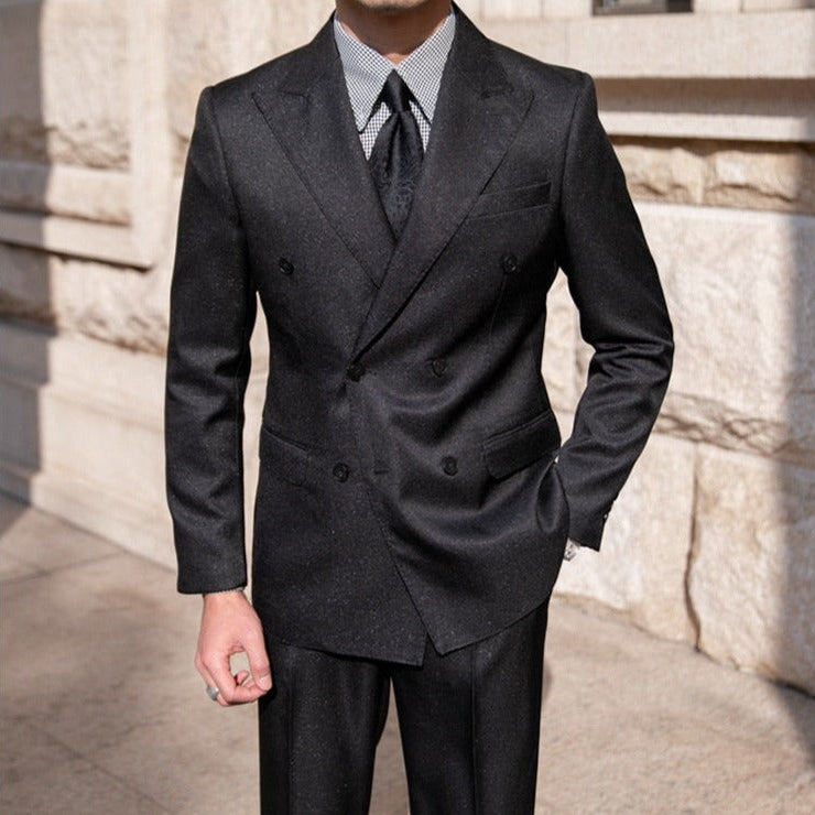 Antonios Double Breast Suit in black polyester, perfect for business or events.