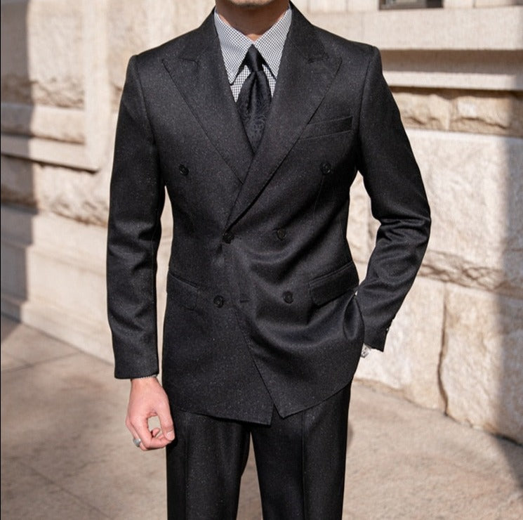 Antonios Double Breast Suit in black polyester, perfect for business or events.