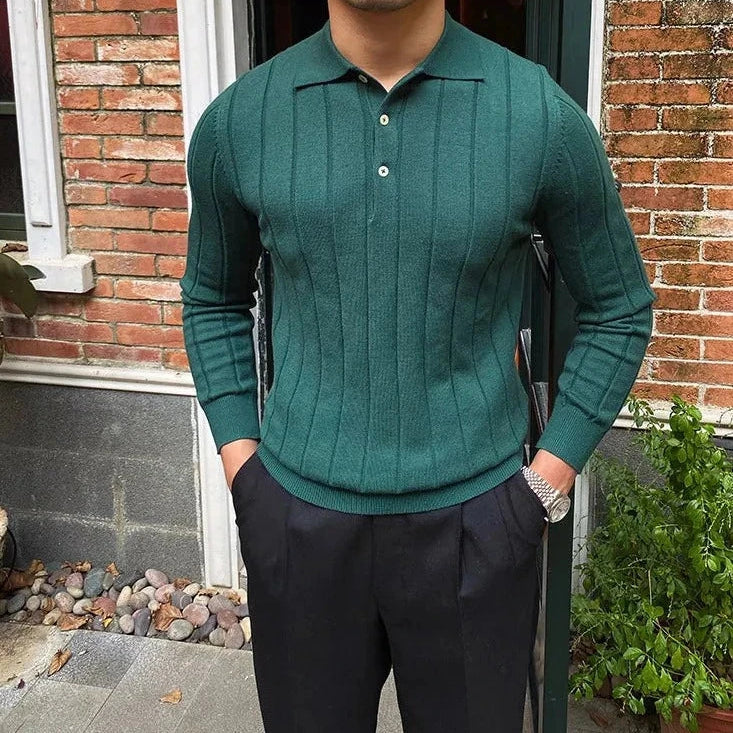 Green Oxford polo sweater for men, solid pattern, stylish and warm.