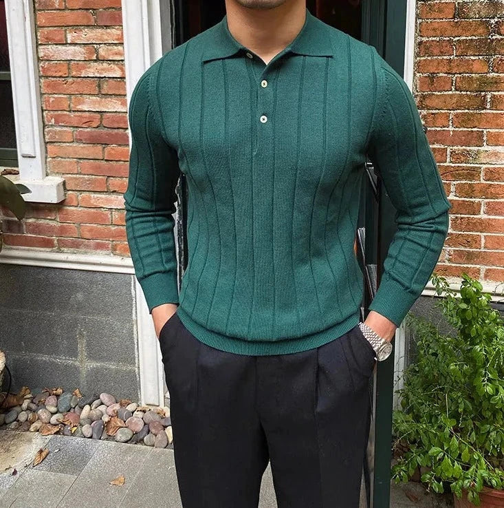 Green Oxford polo sweater for men, solid pattern, stylish and warm.