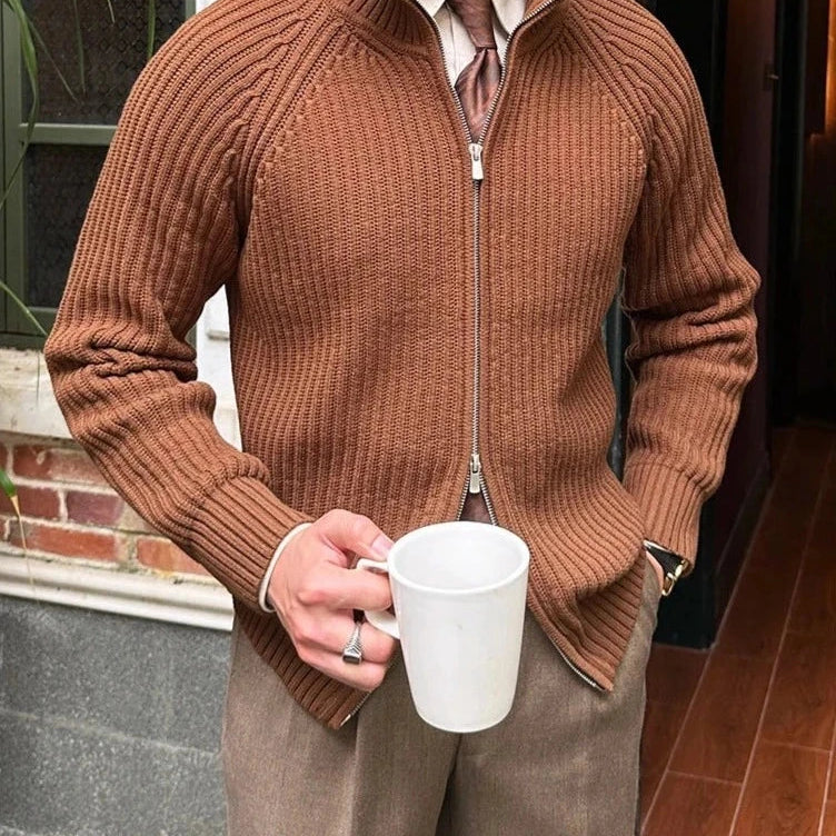 Men's retro cardigan in brown, cotton material, casual and elegant style.