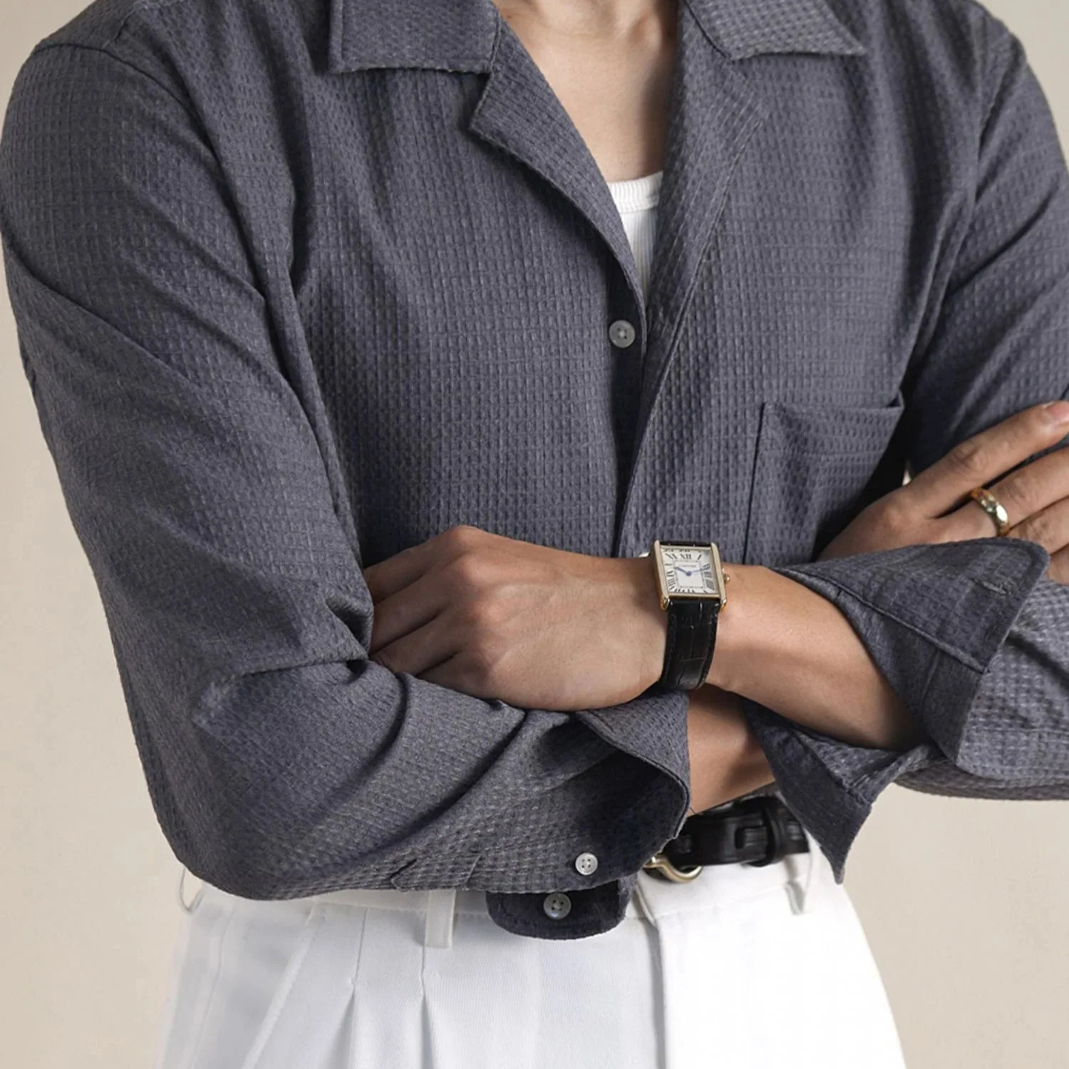 Tailored collar old money shirt, classic vintage Italian style, long sleeve, men's fashion.